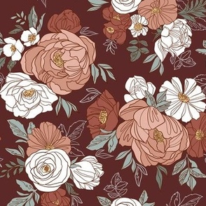 Small Scale / Pastel Rose Garden / Burgundy Background 
