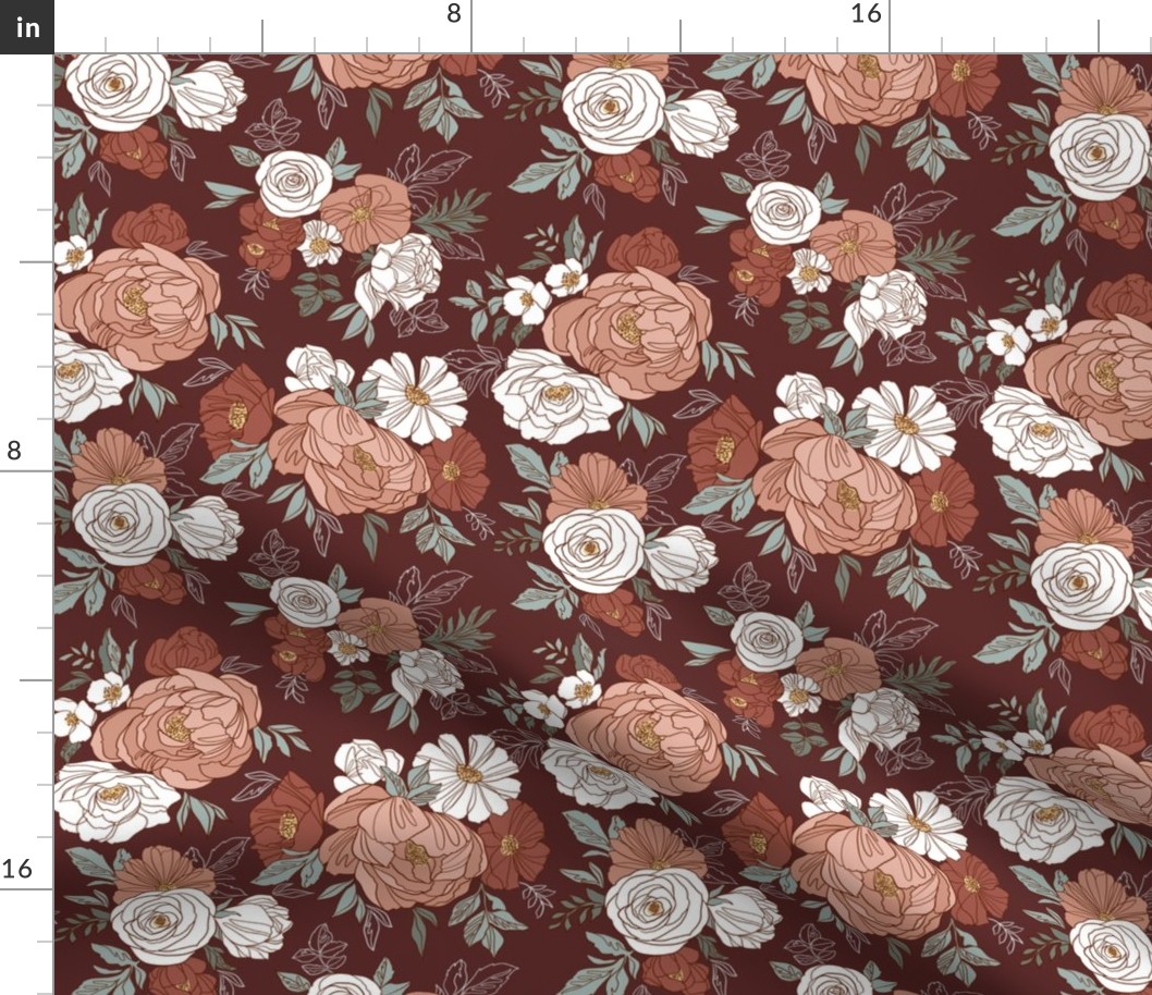 Small Scale / Pastel Rose Garden / Burgundy Background 