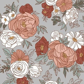 Small Scale / Pastel Rose Garden / Light Grey Background 