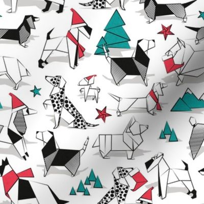 Small scale // Origami Christmas doggie friends // white background black and white dog breeds with red and turquoise green Santa hats stars Holiday socks trees and mountains