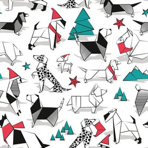 Small scale // Origami Christmas doggie friends // white background black and white dog breeds with red and turquoise green Santa hats stars Holiday socks trees and mountains