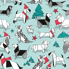 Small scale // Origami Christmas doggie friends // aqua background black and white dog breeds with red and turquoise green Santa hats stars Holiday socks trees and mountains
