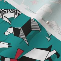 Small scale // Origami Christmas doggie friends // turquoise green background black and white dog breeds with red and aqua Santa hats stars Holiday socks trees and mountains