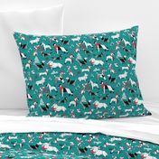 Small scale // Origami Christmas doggie friends // turquoise green background black and white dog breeds with red and aqua Santa hats stars Holiday socks trees and mountains