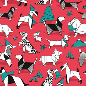 Small scale // Origami Christmas doggie friends // red background black and white dog breeds with turquoise green Santa hats stars Holiday socks trees and mountains