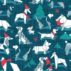 Small scale // Origami Christmas doggie friends // green linen texture background and dog breeds with red and turquoise green Santa hats stars Holiday socks trees and mountains