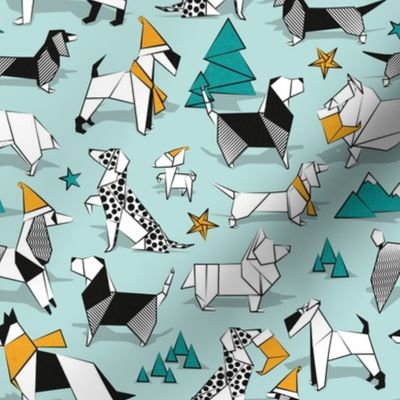 Small scale // Origami Christmas doggie friends // aqua background black and white dog breeds with saffron yellow and turquoise green Santa hats stars Holiday socks trees and mountains