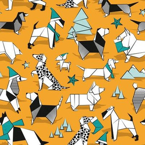 Small scale // Origami Christmas doggie friends // saffron yellow background black and white dog breeds with aqua and turquoise green Santa hats stars Holiday socks trees and mountains