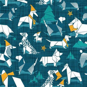 Small scale // Origami Christmas doggie friends // green linen texture background and dog breeds with saffron yellow and turquoise green Santa hats stars Holiday socks trees and mountains