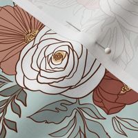 Large Scale / Pastel Rose Garden / Mint Background 