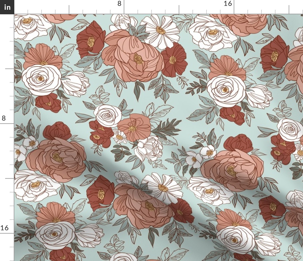 Large Scale / Pastel Rose Garden / Mint Background 