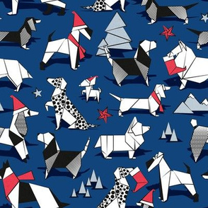 Small scale // Origami Christmas doggie friends // classic blue background black and white dog breeds with red and pastel blue Santa hats stars Holiday socks trees and mountains