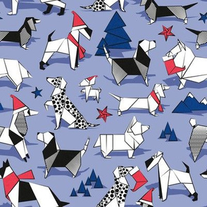 Small scale // Origami Christmas doggie friends // indigo blue background black and white dog breeds with red and classic blue Santa hats stars Holiday socks trees and mountains