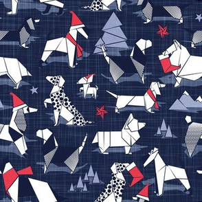 Small scale // Origami Christmas doggie friends // oxford navy blue linen texture background and dog breeds with red and indigo blue Santa hats stars Holiday socks trees and mountains