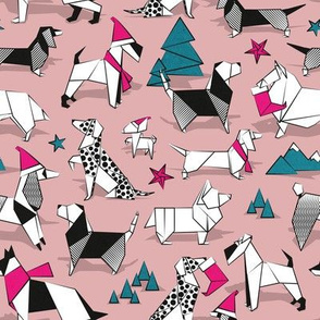 Small scale // Origami Christmas doggie friends // blush pink background black and white dog breeds with fuchsia pink and turquoise green Santa hats stars Holiday socks trees and mountains