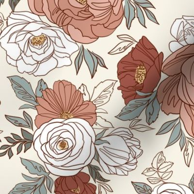 Large Scale / Pastel Rose Garden / Off White Background