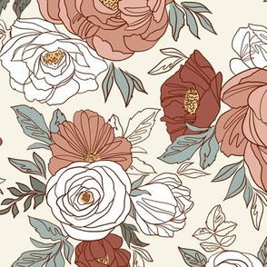 Large Scale / Pastel Rose Garden / Off White Background