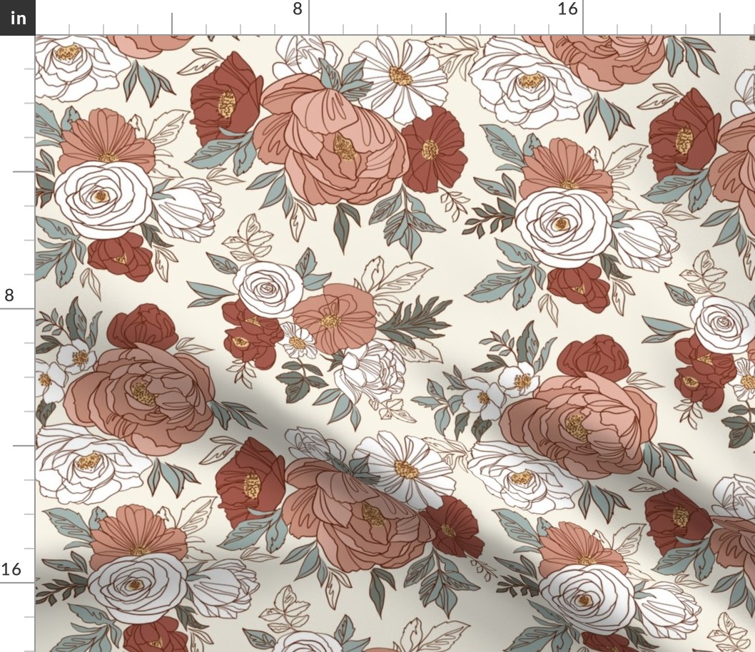Large Scale / Pastel Rose Garden / Off White Background