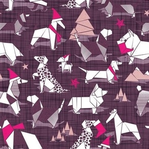 Small scale // Origami Christmas doggie friends // purple beet linen texture background and dog breeds with fuchsia and blush pink Santa hats stars Holiday socks trees and mountains