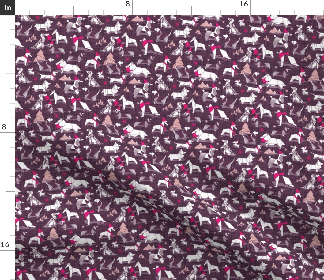 Tiny scale // Origami Christmas doggie friends // purple beet linen texture background and dog breeds with fuchsia and blush pink Santa hats stars Holiday socks trees and mountains