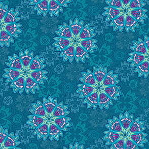 Aquamarine lacy dream folk floral mandala - large scale 6in