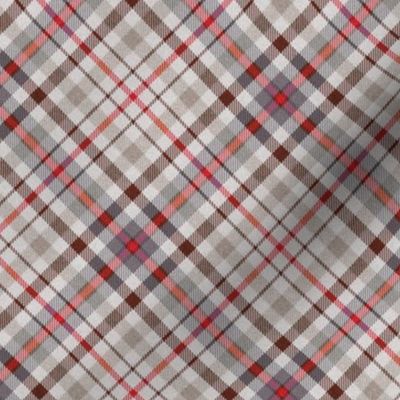 Fuzzy Look Plaid in Gray Red and Chocolate on White 45 degree angle