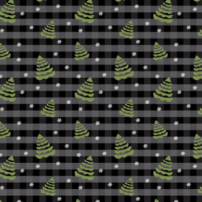 green Christmas Trees and White Snowflakes on Grey-Black Plaid  