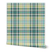 Fuzzy Look Plaid in Yellow Green and Turquoise on White