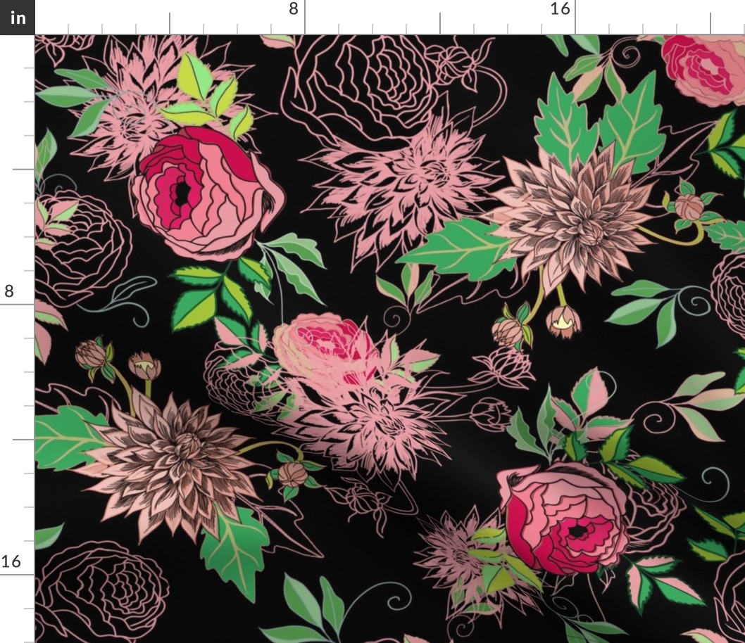 Figs  and Dahlias Reign of Flowers Black and Pink Small