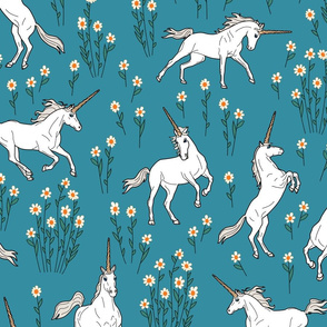 Unicorns with Daisies-Darker Background