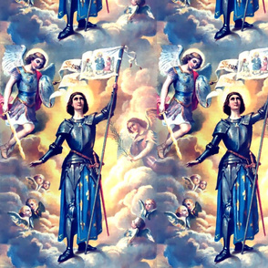 cherub angels saints Michael Catherine Margaret heaven Joan of Arc Jeanne d'Arc The Maid of Orléans french france heroine woman lady warrior sword soldier armor famous sky clouds wings flags martyr palm historical history knight fighter medieval 15th cent