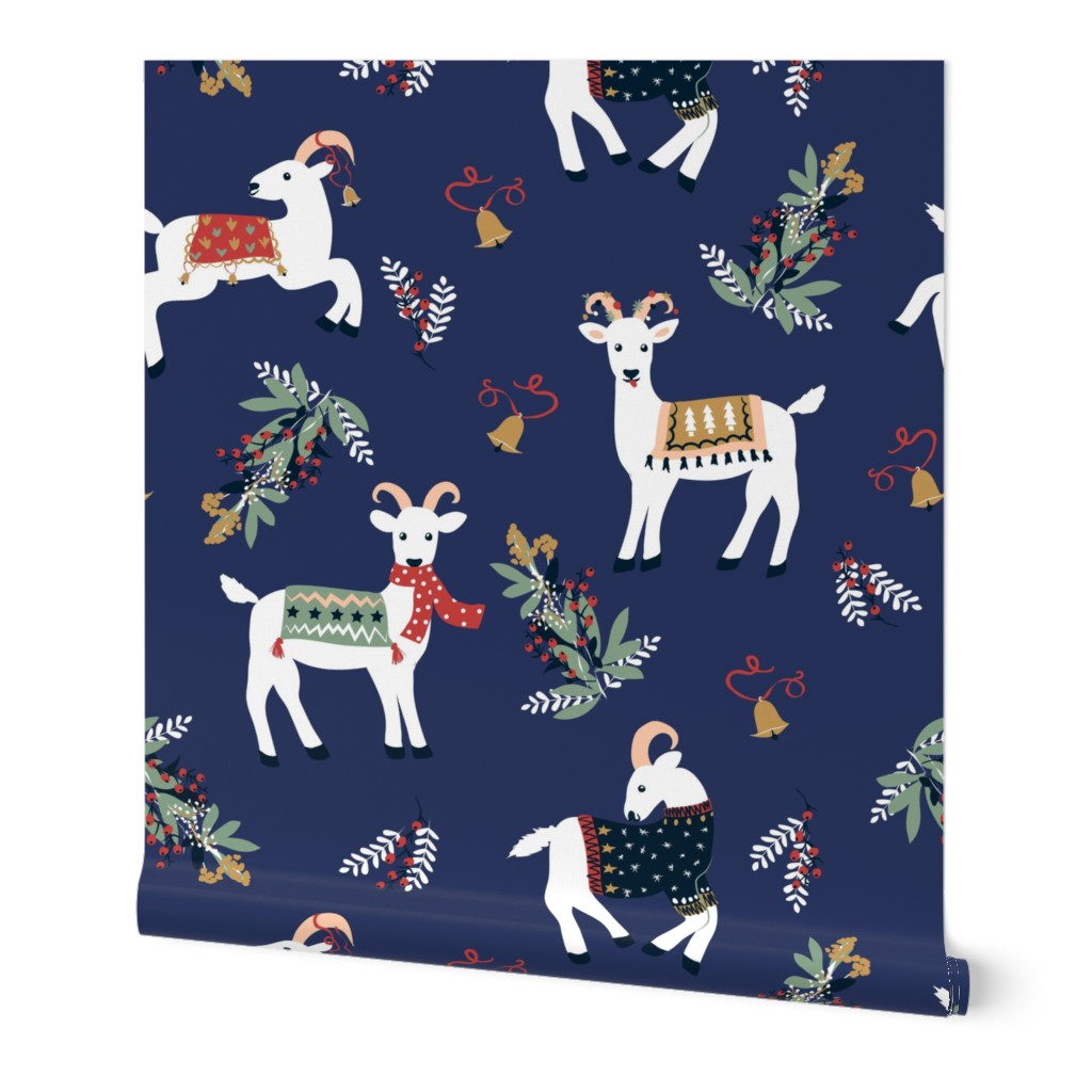 Navy Yule Goats Christmas Print | medium scale