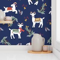 Navy Yule Goats Christmas Print | medium scale