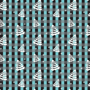 White Christmas Trees and Snowflakes on Black and Aqua Plaid