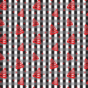 Red Christmas Trees on Black, Gray & White Plaid 