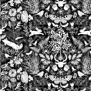 Frolicking Forest Friends (Black and White Damask) 