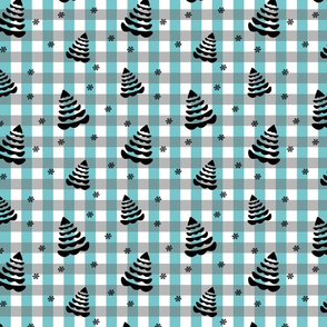 Black Christmas Trees and Snowflakes on Aqua-Gray Plaid