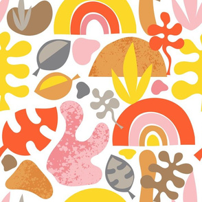 Abstract Papercut Shapes Collage Pink Red Yellow on White