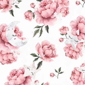 Peony Stars - white - wallpaper