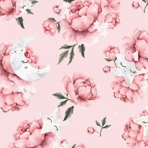 Peony Stars - pink - wallpaper