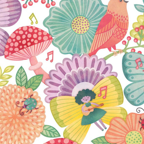 Fairy Concert in the Garden- Birds and Fairies- Bright Colors Light Background Large Scale- Home Decor Girls