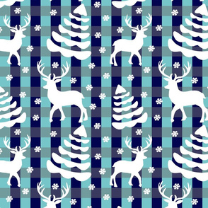 Snowy Trees & Deer on Aqua, Gray & Navy Plaid 