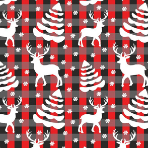 Snowy Trees & Deer on Red & Gray Plaid