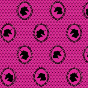 Small Unicorn Cameo Portrait Pattern in Black on Barbie Pink