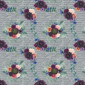 purple floral on grey writing