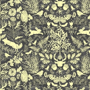 Frolicking Forest Friends (Soft Yellow and Gray Damask) 