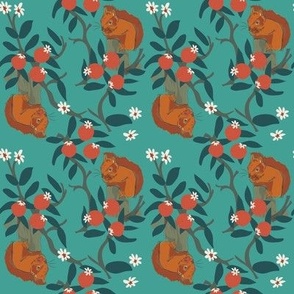 Squirrel Orange Tree Print || Teal || Small 4 inch repeat