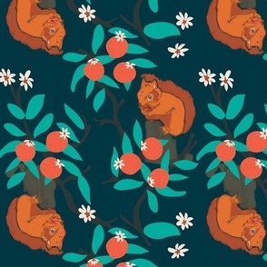 Squirrel Orange Tree Print || Navy || Medium 6 inch repeat