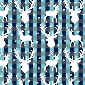 Winter Deer- White Deer, Snowflakes on Aqua, Navy, Gray Plaid 