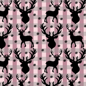 Winter Deer- White Deer, Snowflakes on Dk.Pink, Gray & Lt. Pink Plaid 
